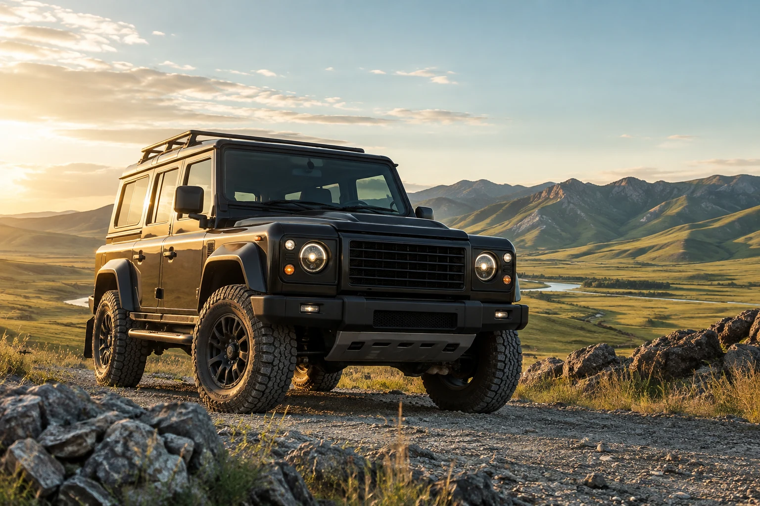 Illustrative rugged charcoal off-road vehicle in open grassland