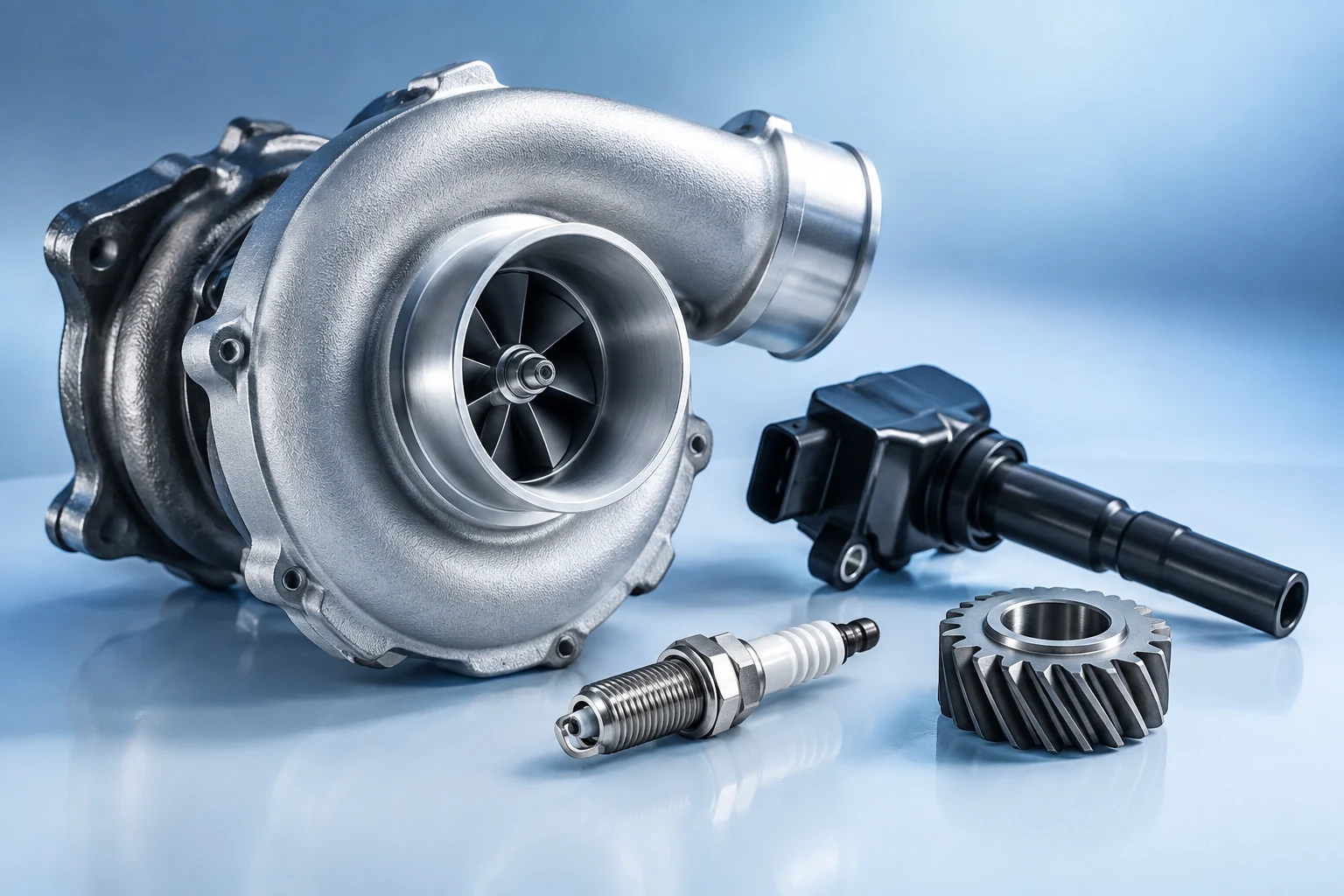 Illustrative precision turbocharger, ignition and drivetrain components